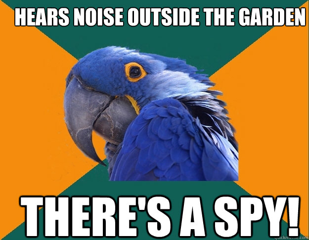 Hears noise outside the garden There's a spy!  Paranoid Parrot