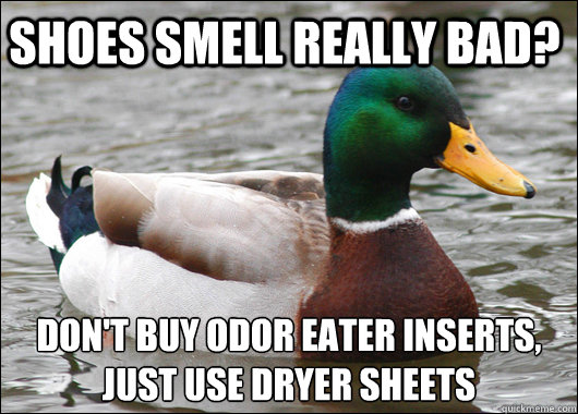 Shoes smell really bad? Don't buy odor eater inserts, 
just use dryer sheets  - Shoes smell really bad? Don't buy odor eater inserts, 
just use dryer sheets   Actual Advice Mallard