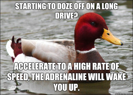 Starting to doze off on a long drive?
 Accelerate to a high rate of speed, the adrenaline will wake you up.  Malicious Advice Mallard