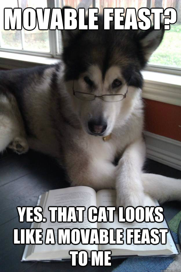 Movable Feast?
   Yes. That cat looks like a Movable Feast to me   Condescending Literary Pun Dog