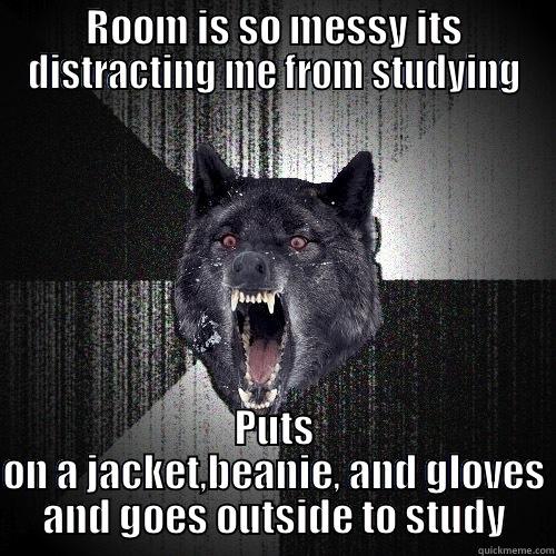 ROOM IS SO MESSY ITS DISTRACTING ME FROM STUDYING PUTS ON A JACKET,BEANIE, AND GLOVES AND GOES OUTSIDE TO STUDY Insanity Wolf