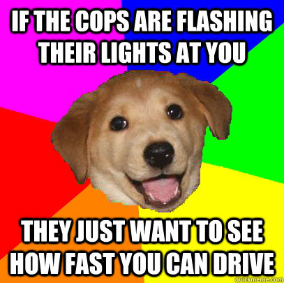 If the cops are flashing their lights at you they just want to see how fast you can drive  Advice Dog