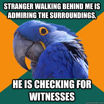 Stranger walking behind me is admiring the surroundings, he is checking for witnesses  Paranoid Parrot