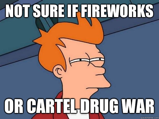 Not sure if fireworks Or cartel drug war  Futurama Fry