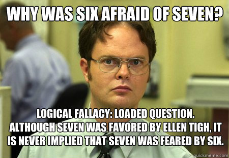 Why was six afraid of seven?
 Logical fallacy: loaded question.
Although Seven was favored by Ellen Tigh, it is never implied that Seven was feared by Six.  Schrute