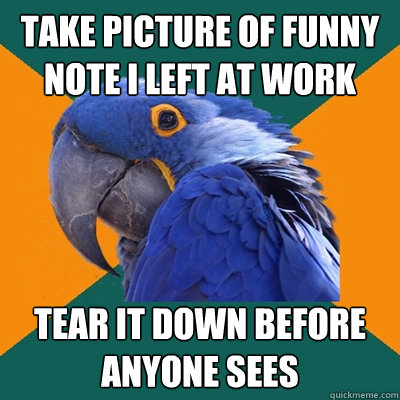 Take picture of funny note I left at work Tear it down before anyone sees  Paranoid Parrot