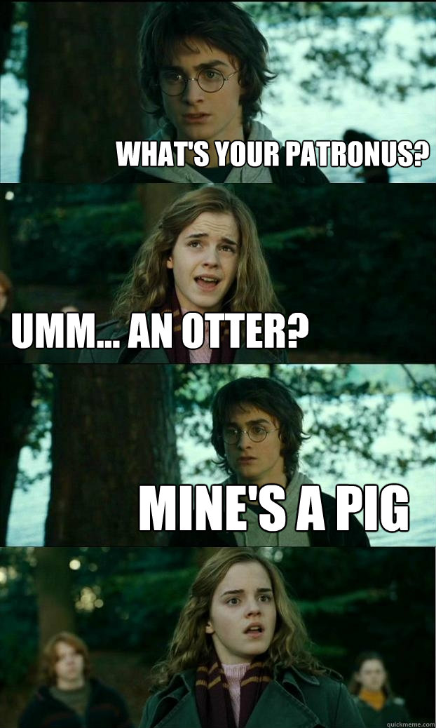What's your patronus? umm... an otter? mine's a pig  Horny Harry