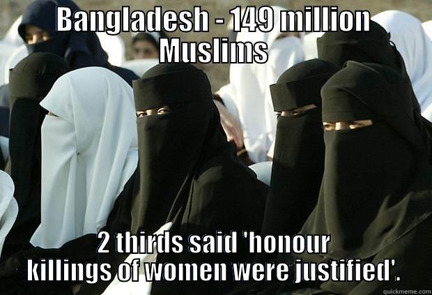 BANGLADESH - 149 MILLION MUSLIMS 2 THIRDS SAID 'HONOUR KILLINGS OF WOMEN WERE JUSTIFIED'. Misc