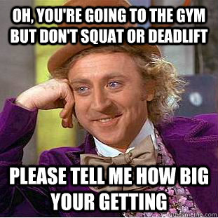 Oh, you're going to the gym but don't squat or deadlift please tell me how big your getting  Condescending Wonka