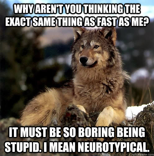 Why aren't you thinking the exact same thing as fast as me? It must be so boring being stupid. I mean neurotypical.  Aspie Wolf