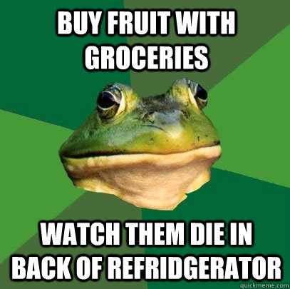 Buy fruit with groceries Watch them die in back of Refridgerator  Foul Bachelor Frog