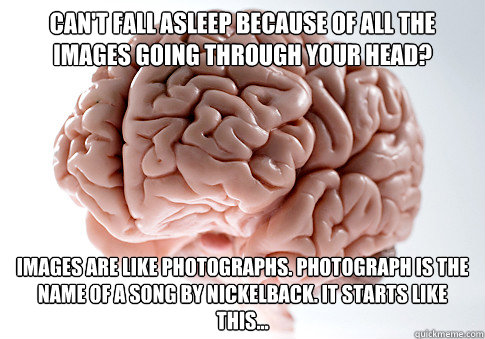 Can't fall asleep because of all the images going through your head? images are like photographs. Photograph is the name of a song by Nickelback. It starts like this...  Scumbag Brain