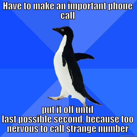 HAVE TO MAKE AN IMPORTANT PHONE CALL PUT IT OFF UNTIL LAST POSSIBLE SECOND, BECAUSE TOO NERVOUS TO CALL STRANGE NUMBER Socially Awkward Penguin