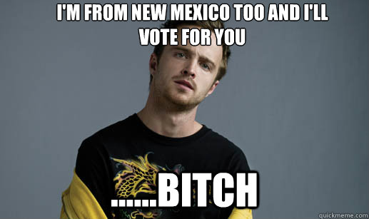 I'm from new mexico too and i'll 
vote for you ......bitch - I'm from new mexico too and i'll 
vote for you ......bitch  Jesse Pinkman Loves the word Bitch