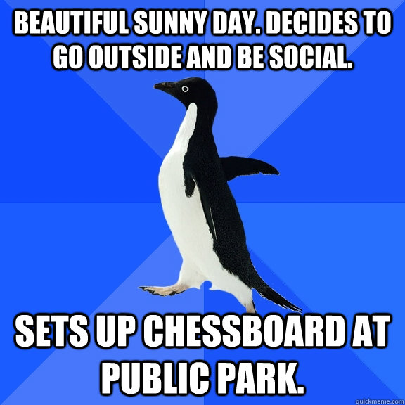 Beautiful sunny day. Decides to go outside and be social. Sets up chessboard at public park.  Socially Awkward Penguin