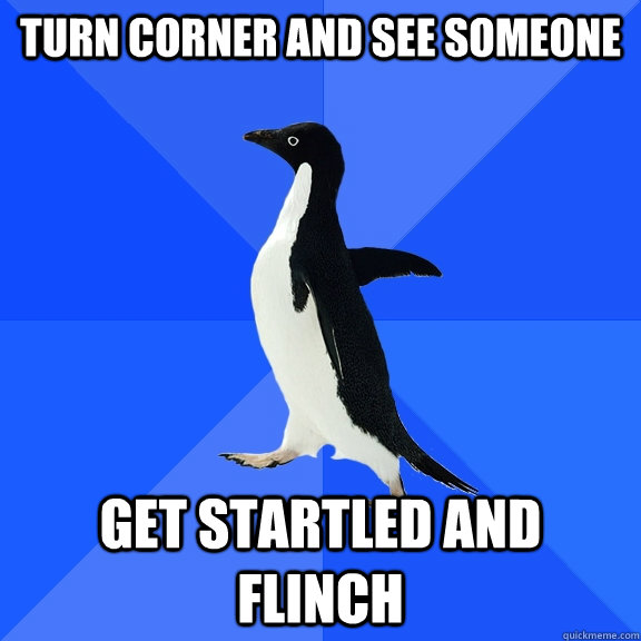 Turn corner and see someone  Get startled and flinch  Socially Awkward Penguin