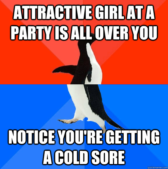 Attractive girl at a party is all over you notice you're getting a cold sore  Socially Awesome Awkward Penguin