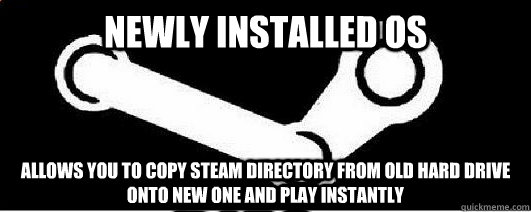 Newly installed OS allows you to copy steam directory from old hard drive onto new one and play instantly  Good Guy Steam