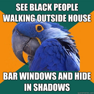 see black people walking outside house bar windows and hide in shadows  Paranoid Parrot