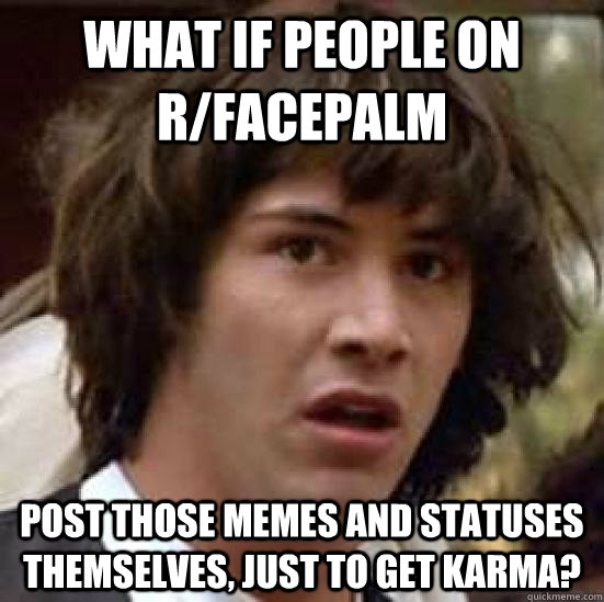 What if people on r/facepalm post those memes and statuses themselves, just to get karma?  conspiracy keanu