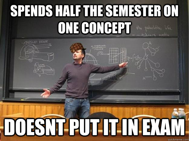 SPends half the semester on one concept doesnt put it in exam - SPends half the semester on one concept doesnt put it in exam  Scumbag Lecturer  Proffessor