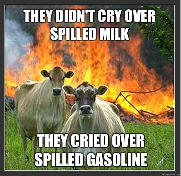They didn't cry over spilled milk They cried over spilled gasoline  Evil cows