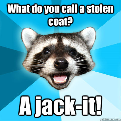 What do you call a stolen coat? A jack-it!   Lame Pun Coon