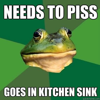 Needs to piss Goes in kitchen sink  Foul Bachelor Frog