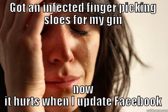 GOT AN INFECTED FINGER PICKING SLOES FOR MY GIN NOW IT HURTS WHEN I UPDATE FACEBOOK First World Problems