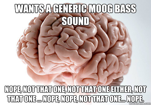 wants a generic moog bass sound nope, not that one, not that one either, not that one ... nope, nope, not that one... nope.  Scumbag Brain