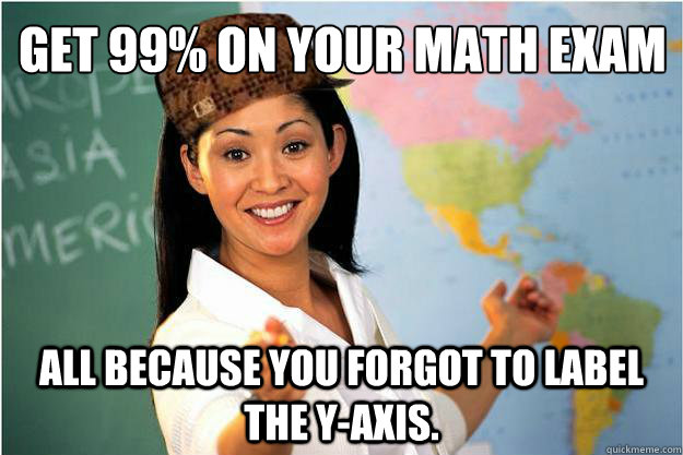 Get 99% on your math exam All because you forgot to label the y-axis.  Scumbag Teacher