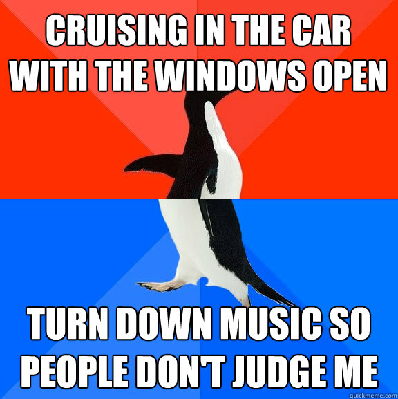 CRUISING IN THE CAR
WITH THE WINDOWS OPEN TURN DOWN MUSIC SO
PEOPLE DON'T JUDGE ME  Socially Awesome Awkward Penguin