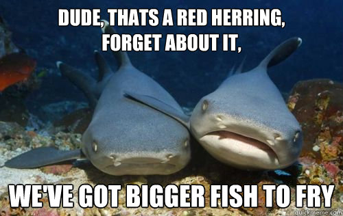 dude, thats a red herring, 
forget about it, we've got bigger fish to fry - dude, thats a red herring, 
forget about it, we've got bigger fish to fry  Compassionate Shark Friend