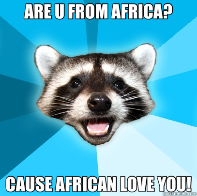 ARE U FROM AFRICA? CAUSE AFRICAN LOVE YOU!  Lame Pun Coon