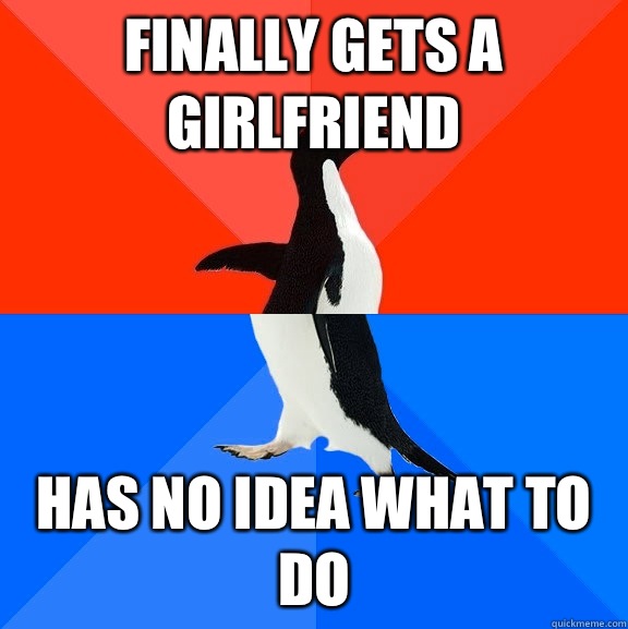 Finally gets a girlfriend  Has no idea what to do  Socially Awesome Awkward Penguin