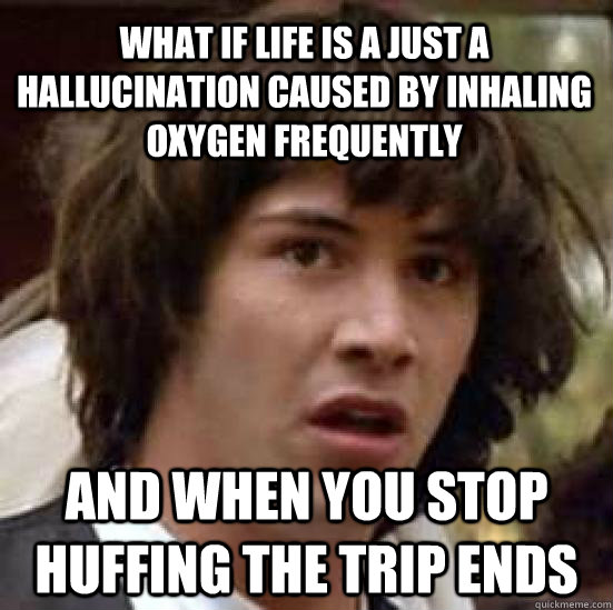WHAT IF LIFE IS A JUST A HALLUCINATION CAUSED BY INHALING OXYGEN FREQUENTLY AND WHEN YOU STOP HUFFING THE TRIP ENDS  conspiracy keanu