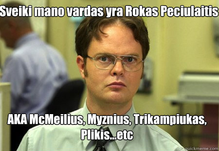 Sveiki mano vardas yra Rokas Peciulaitis AKA McMeilius, Myznius, Trikampiukas, Plikis...etc  Schrute
