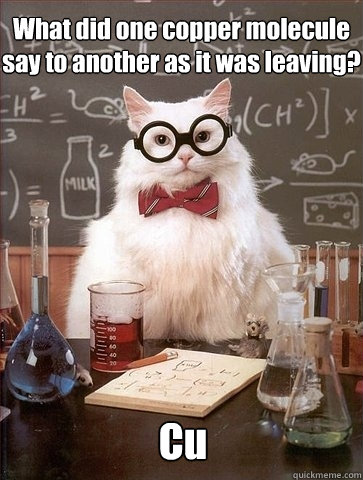 What did one copper molecule say to another as it was leaving? Cu  Chemistry Cat