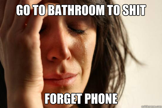 go to bathroom to shit
 forget phone - go to bathroom to shit
 forget phone  First World Problems