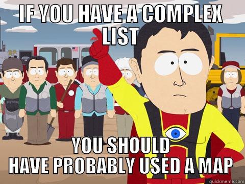 IF YOU HAVE A COMPLEX LIST YOU SHOULD HAVE PROBABLY USED A MAP Captain Hindsight