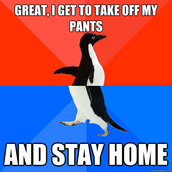 Great, I get to take off my pants And stay home  Socially Awesome Awkward Penguin
