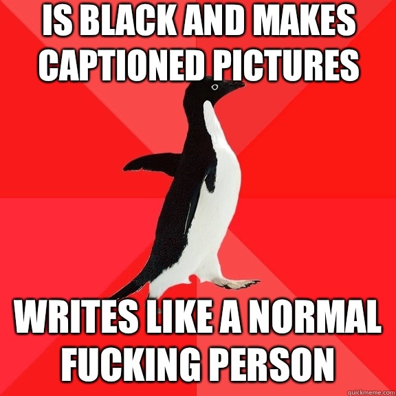 Is black and makes captioned pictures Writes like a normal fucking person - Is black and makes captioned pictures Writes like a normal fucking person  Socially Awesome Penguin
