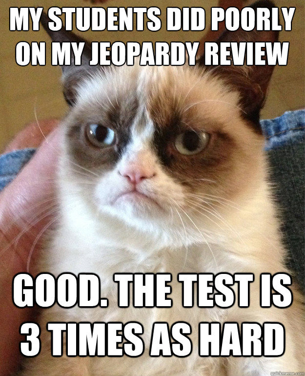 My students did poorly on my Jeopardy Review Good. The test is 3 times as hard  Grumpy Cat