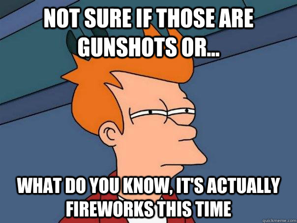 Not sure if those are gunshots or... what do you know, it's actually fireworks this time - Not sure if those are gunshots or... what do you know, it's actually fireworks this time  Futurama Fry