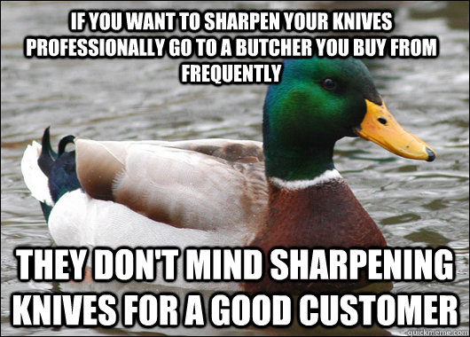If you want to sharpen your knives professionally go to a butcher you buy from frequently They don't mind sharpening knives for a good customer  Actual Advice Mallard
