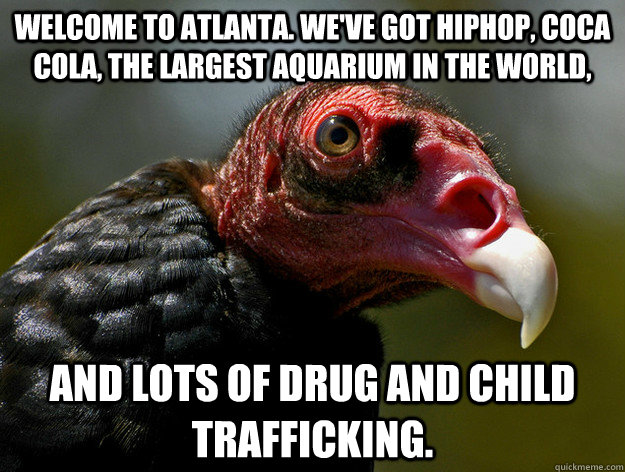 welcome to atlanta. we've got hiphop, Coca Cola, the Largest aquarium in the world, and lots of drug and child trafficking.   Buzzkill Buzzard