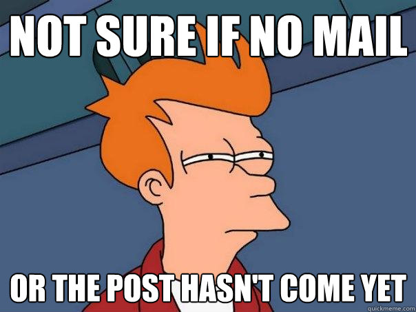 not sure if no mail or the post hasn't come yet  Futurama Fry