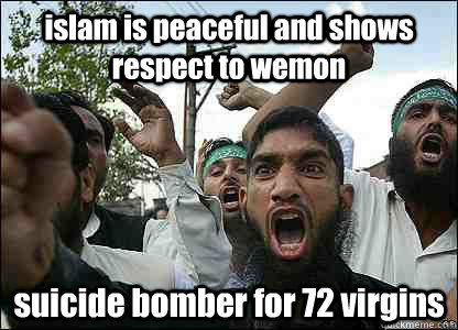 islam is peaceful and shows respect to wemon suicide bomber for 72 virgins  