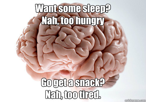 Want some sleep? 
Nah, too hungry Go get a snack?
Nah, too tired.   Scumbag Brain