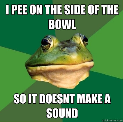 i pee on the side of the bowl so it doesnt make a sound  Foul Bachelor Frog